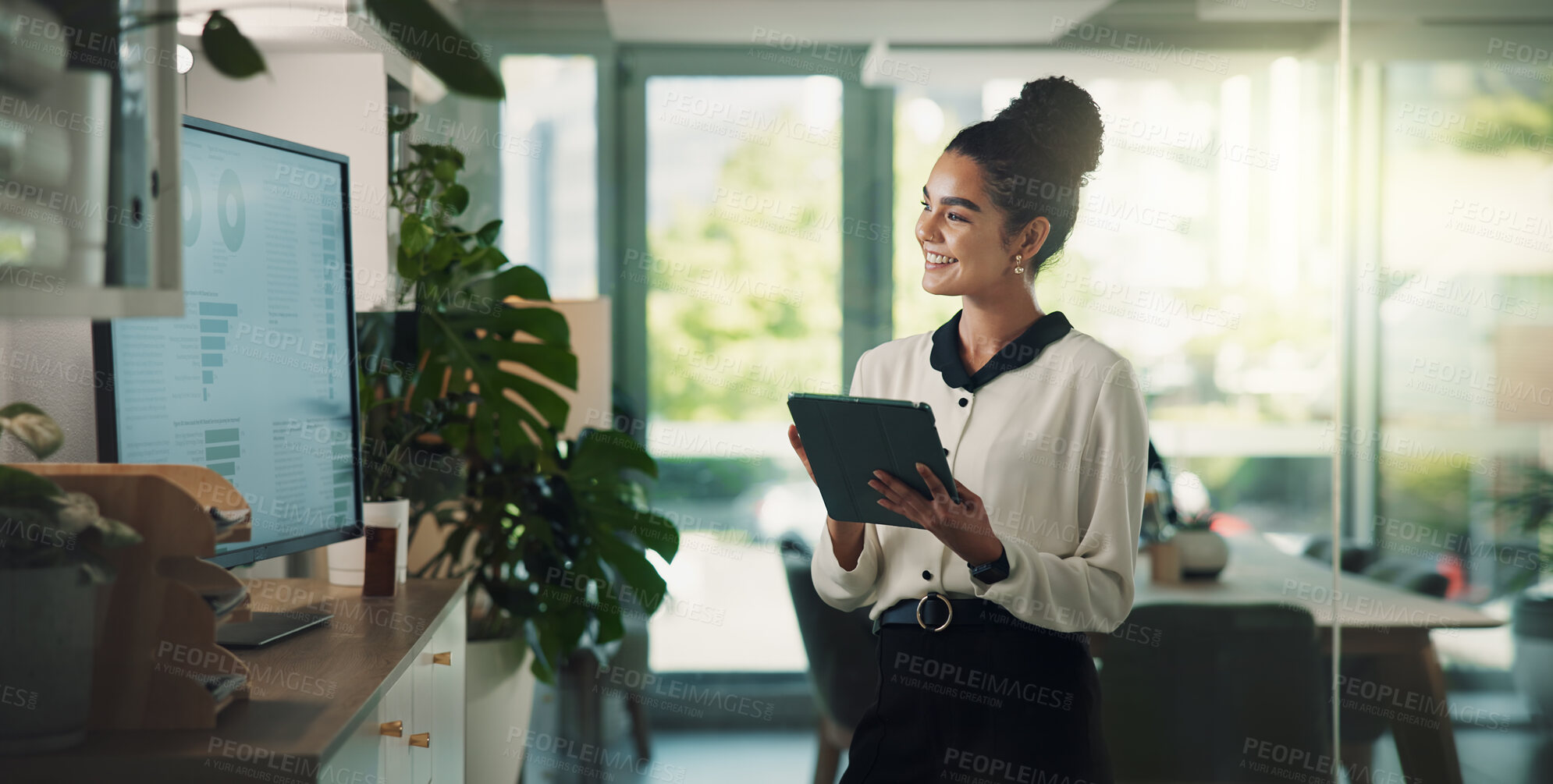 Buy stock photo Happiness, woman and tablet with statistics on monitor for financial review, report and growth as accountant. Business person, employee and smile at office with chart for data analysis and revenue