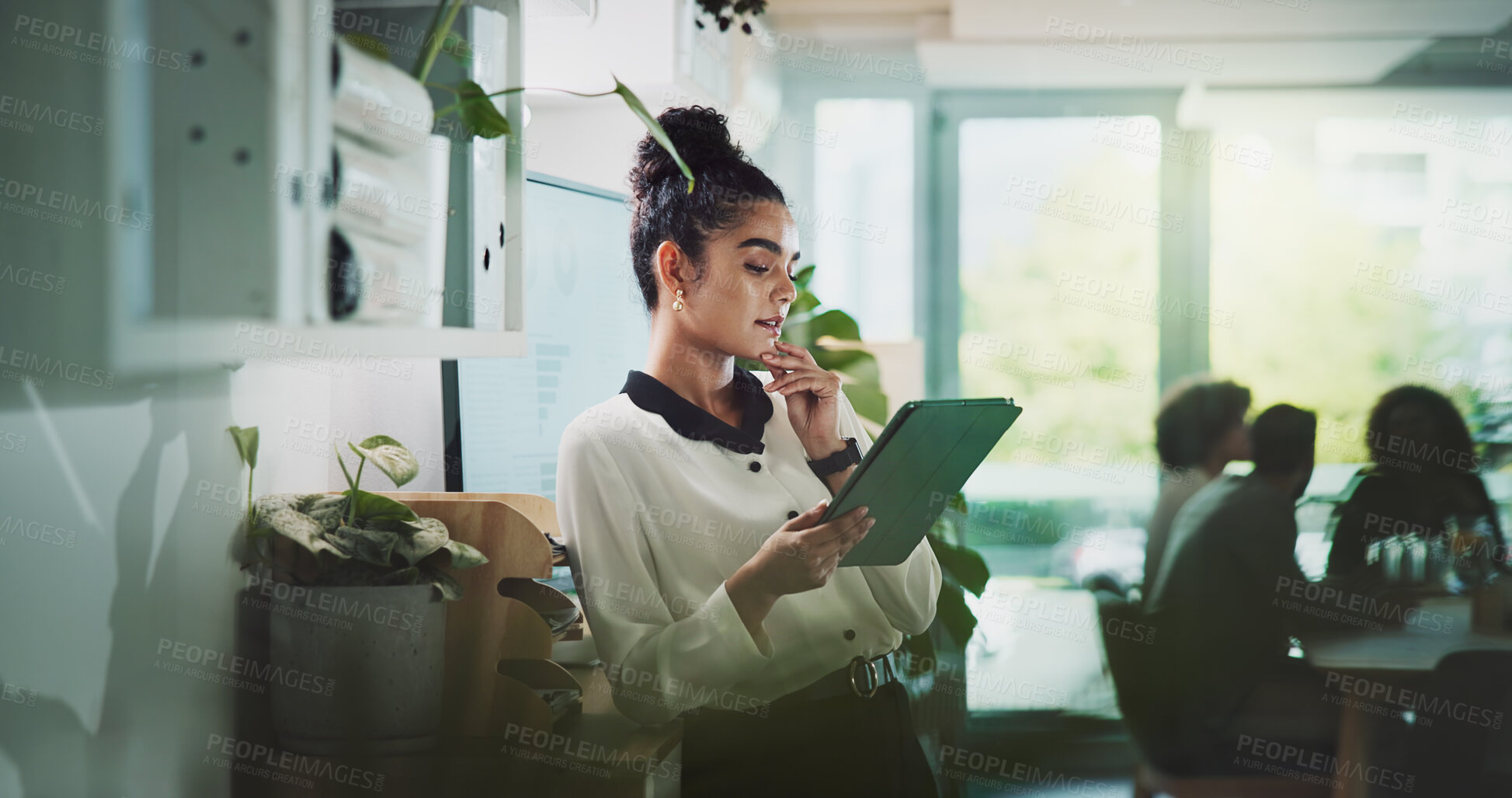Buy stock photo Thinking , tablet and business woman for project, research reading or news feedback. Press agent, journalist or creative person on digital tech for online social networking, connection and contact