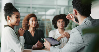 Buy stock photo Tablet, discussion and business people in office for teamwork on creative project in multimedia. Meeting, digital technology and group of copywriters with planning for journalism in workplace.