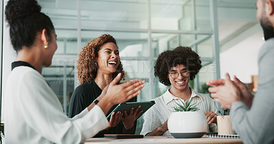 Buy stock photo Woman, lawyer and applause at meeting with team, goals and celebration with success for legal case in office. People, attorney and tablet with group, achievement and happy for agreement at law firm