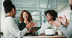 Woman, lawyer and applause at meeting with group, goals and celebration with success for legal case in office. People, attorney and tablet with team, achievement and happy for agreement at law firm