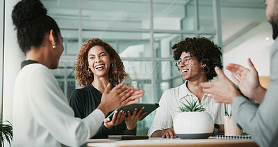 Buy stock photo Woman, lawyer and applause at meeting with group, goals and celebration with success for legal case in office. People, attorney and tablet with team, achievement and happy for agreement at law firm