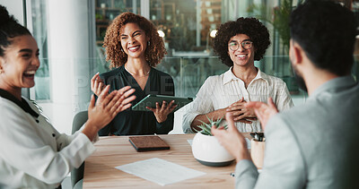 Buy stock photo Business people, applause and meeting with team, startup or celebration with success for agreement in office. Men, women and tablet with announcement, achievement or happy for deal at creative agency