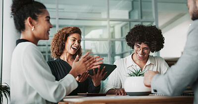 Buy stock photo Business people, applause and meeting with group, startup and celebration with success for legal case in office. Men, women and tablet with announcement, achievement and happy with deal at law firm