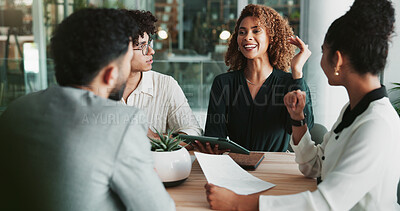 Buy stock photo Documents, meeting and business people in office for collaboration on creative project in multimedia. Discussion, paperwork and team of copywriters with planning for journalism in workplace.