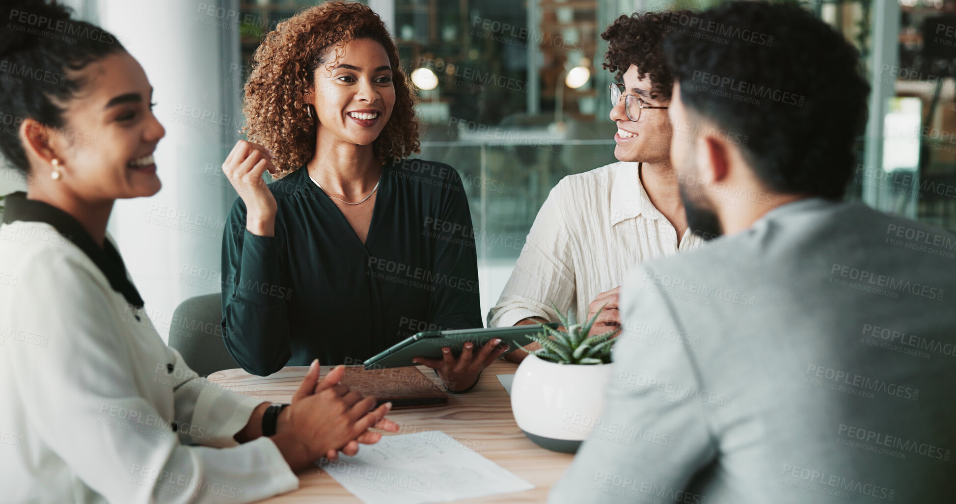 Buy stock photo Meeting, planning and tablet with business people in boardroom of office together for conversation. Collaboration, documents and feedback with employee team in workplace for development or strategy