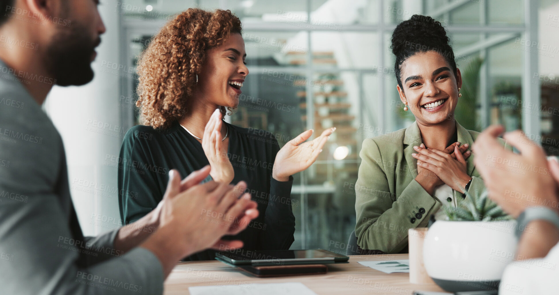 Buy stock photo Business people, applause and meeting with group, success or celebration with thanks for agreement in office. Men, women and smile with announcement, achievement or happy for deal at creative agency