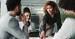 Meeting, planning and pointing with business people in boardroom of office together for collaboration. Collaboration, documents and tablet with employee team in workplace for development or strategy