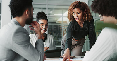 Buy stock photo Meeting, planning and pointing with business people in boardroom of office together for discussion. Collaboration, documents and tablet with employee team in workplace for development or strategy