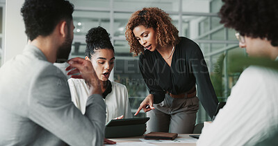 Buy stock photo Business people, tablet and planning in meeting, teamwork and conversation with internet. Sales agency, group and employees with tech, social media or company website with discussion or brainstorming