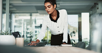 Buy stock photo Boardroom, secretary and tablet with woman getting ready for meeting preparation in corporate office. Setup, start and technology with employee person in workplace for professional development