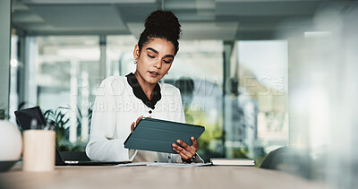 Buy stock photo Business woman, tablet and networking for connection, financial agency and research in office. Female person, technology and scroll for information, corporate and investment opportunity as accountant