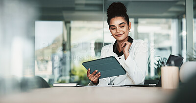 Buy stock photo Business woman, tablet and office for networking, connection and research in financial agency. Female person, technology and scroll for information, corporate and investment opportunity as accountant