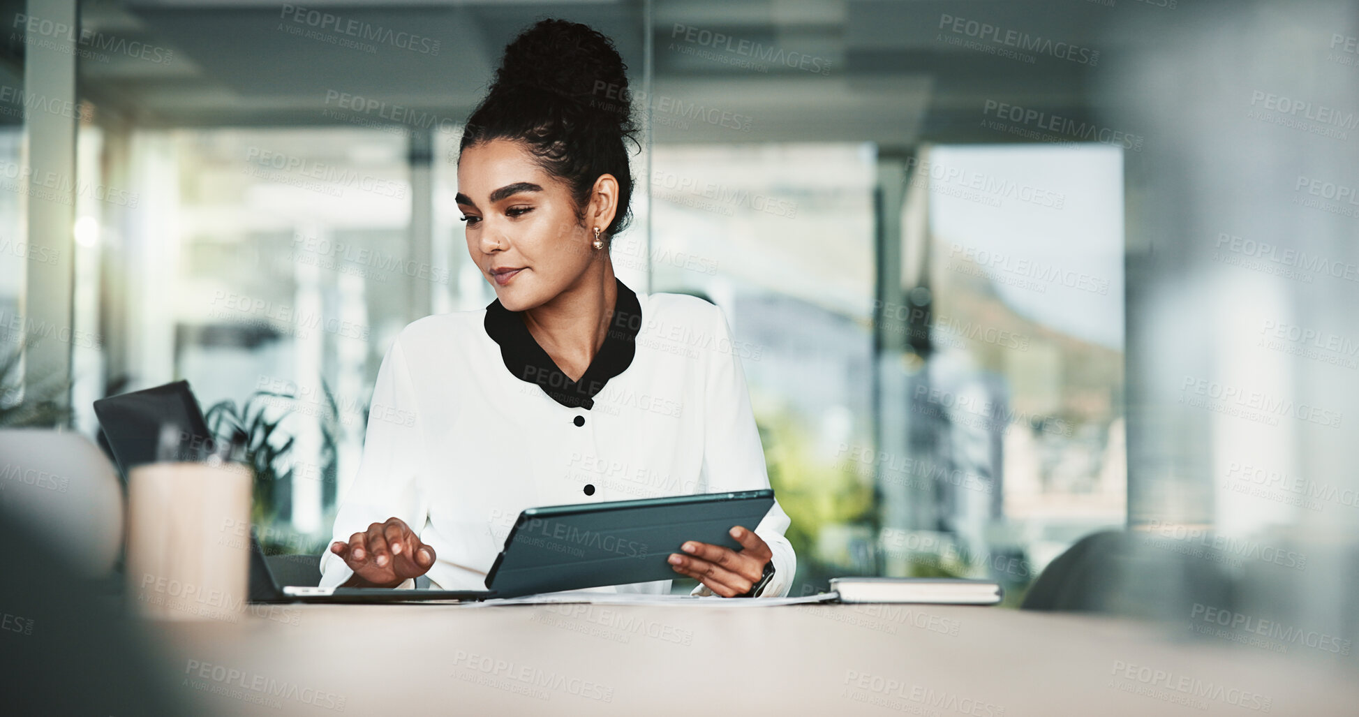 Buy stock photo Business woman, tablet and office for information, networking and research in financial agency. Female person, technology and scroll for connection, corporate and investment opportunity as accountant