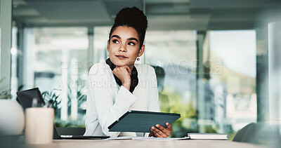 Buy stock photo Business woman, tablet and office for thinking, networking and research for financial agency. Female person, technology and planning for information, corporate or investment opportunity as accountant