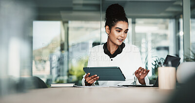 Buy stock photo Business woman, tablet and office for research, networking and connection in financial agency. Female person, technology and online for information, corporate and investment opportunity as accountant