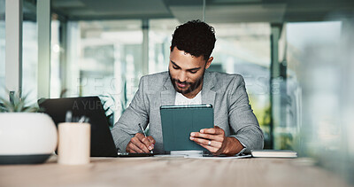 Buy stock photo Research, notes and man with tablet, office and investigative journalism for newsroom and online. Business, digital and person with info for story, reporter and professional for project and desk