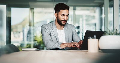 Buy stock photo Happy, typing and man with laptop, creative and research for target audience, online and copywriting. Office, smile and content creation for company, digital and info for article, writer and planning