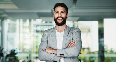 Buy stock photo Portrait, arms folded and happy business man in office for pride, career and work at corporate job. Face, smile and confident professional entrepreneur, expert employee and salesman with suit in UAE
