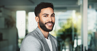 Buy stock photo Portrait, smile and business man in office for opportunity, career and work at corporate job. Face, happy and confident professional entrepreneur, expert employee or tax consultant for finance in UAE