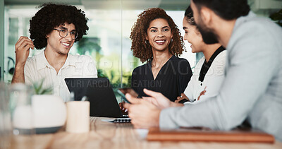 Buy stock photo Collaboration, laptop and web development with business people in office for design discussion. Computer, meeting and project management with employee team in workplace for planning or strategy