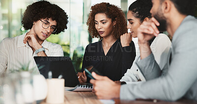 Buy stock photo Collaboration, laptop and meeting with business people in office for design discussion. Computer, project management and web development with employee team in workplace for planning or strategy