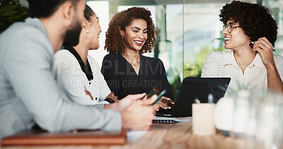 Buy stock photo Laptop, meeting and project management with business people in office for design discussion. Computer, collaboration and web development with employee team in workplace for planning or strategy