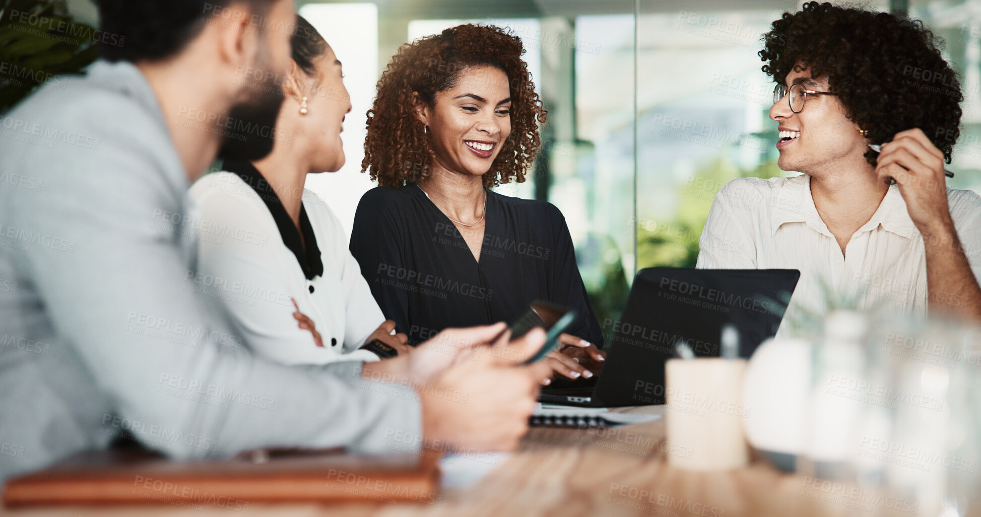 Buy stock photo Laptop, meeting and project management with business people in office for design discussion. Computer, collaboration and web development with employee team in workplace for planning or strategy