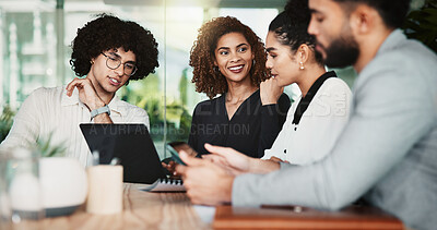 Buy stock photo Collaboration, graphic design and laptop with business people in office for web development discussion. Computer, meeting and planning with employee team in workplace for project management strategy