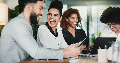 Buy stock photo Collaboration, funny and laptop with business people in office for project management discussion. Computer, discussion and meeting with employee team laughing in workplace for web development
