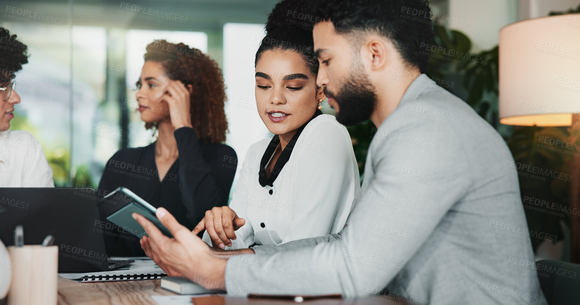Buy stock photo Collaboration, tablet and web management with business people in office for design discussion. Conversation, meeting and project management with employee team in workplace for planning or strategy