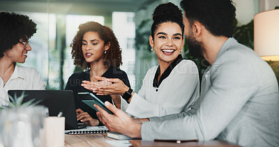 Buy stock photo Meeting, project management and tablet with business people in office for design discussion. Collaboration, conversation and web development with employee team in workplace for planning or strategy