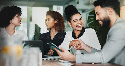 Buy stock photo Handshake, laughing and tablet with business people in office for agreement, achievement or deal. Funny, thank you and web development with employee team shaking hands in workplace for planning