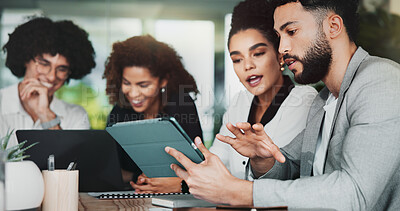 Buy stock photo Planning, project management and tablet with business people in office for graphic design discussion. Meeting, research and web development with employee team in workplace for creative strategy