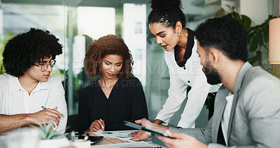 Buy stock photo App development, data and project management with business people in office for design discussion. Meeting, statistics and web development with employee team in workplace for planning or strategy