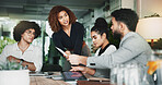Documents, meeting and tablet with business people in office together for web design discussion. App development, feedback and review with employee team in workplace for planning or strategy ideas