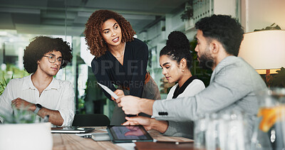 Buy stock photo Documents, meeting and tablet with business people in office together for web design discussion. App development, feedback and review with employee team in workplace for planning or strategy ideas