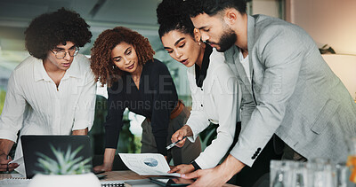 Buy stock photo Collaboration, documents and project management with business people in office for design discussion. Analytics, meeting and web development with employee team in workplace for planning or strategy