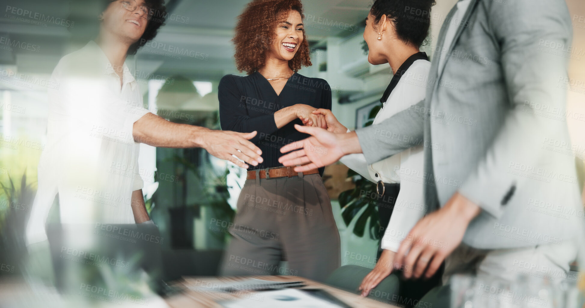 Buy stock photo People, happy and handshake in office for business, creative collaboration and industry merger. Design team, meeting or shaking hands in agency for thank you, support or project onboarding in company