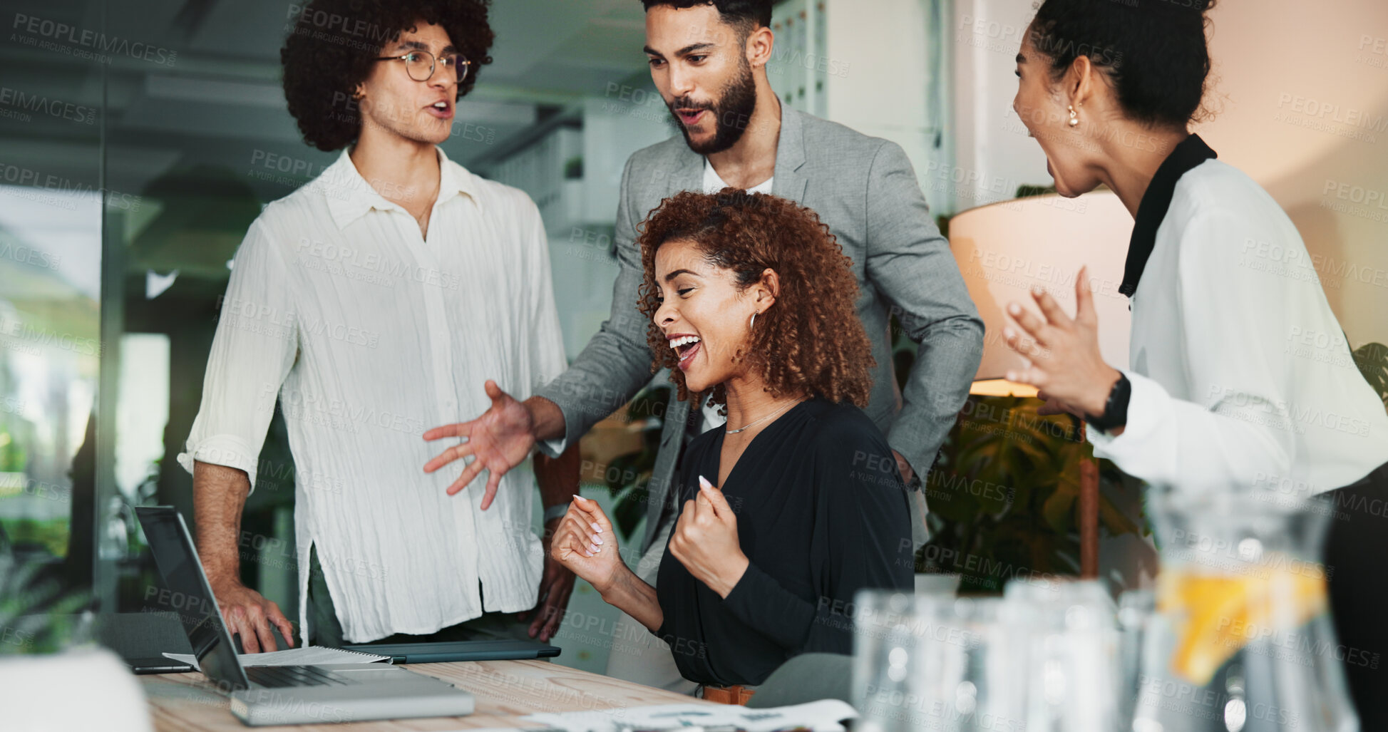 Buy stock photo Laptop, group and business people celebrate success, winning award or target achievement in office. Computer, excited team and cheers for good news, investment deal and funding approval for project