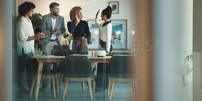 Buy stock photo Collaboration, high five and success with business people in office together for thank you or well done. Applause, meeting or smile with team of men and women clapping in workplace for support