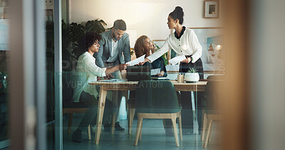 Buy stock photo Coaching, collaboration and documents with business people in office together for project management. Meeting, seminar or workshop with team of men and women in workplace for planning or strategy