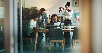 Buy stock photo Laptop, planning and business people in meeting, teamwork and communication in modern office. Group, consultant and employees in workplace, conversation and feedback for project, review and research