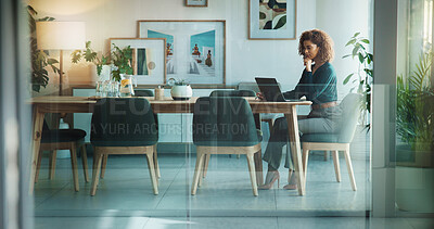 Buy stock photo Laptop, ideas and businesswoman in office for project proposal at creative startup company. Thinking, decision and female copywriter with computer for multimedia journalism in boardroom at workplace.