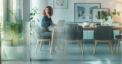 Buy stock photo Laptop, decision and businesswoman in office for project proposal at creative startup company. Ideas, thinking and female copywriter with computer for multimedia journalism in boardroom at workplace.