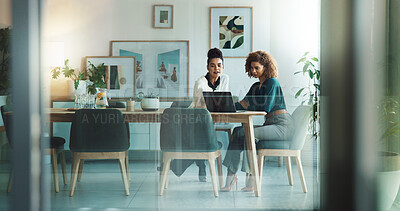 Buy stock photo Women, laptop and meeting in office for design, planning exhibition or brainstorming. Art director, team or computer in creative agency for collaboration, gallery website or online review on platform