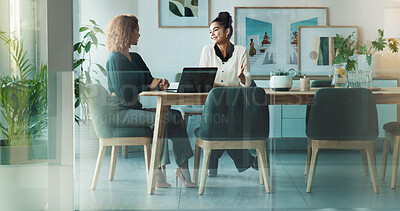 Buy stock photo Women, laptop and happy in office for design, planning exhibition and brainstorming. Art director, meeting or computer in creative agency for collaboration, gallery website or good review on platform