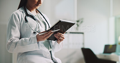 Buy stock photo Healthcare, results and tablet with doctor in hospital for review of diagnosis or treatment. Insurance, internet and medical with medicine professional woman in office of clinic for cardiology