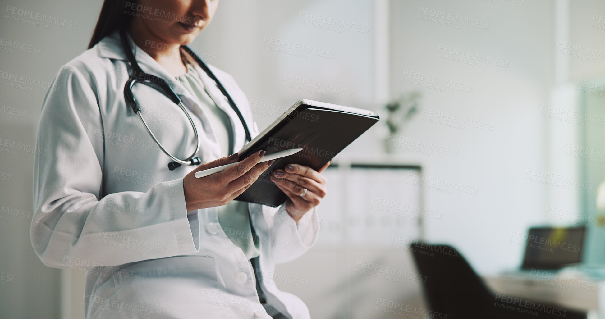 Buy stock photo Healthcare, results and tablet with doctor in hospital for review of diagnosis or treatment. Insurance, internet and medical with medicine professional woman in office of clinic for cardiology