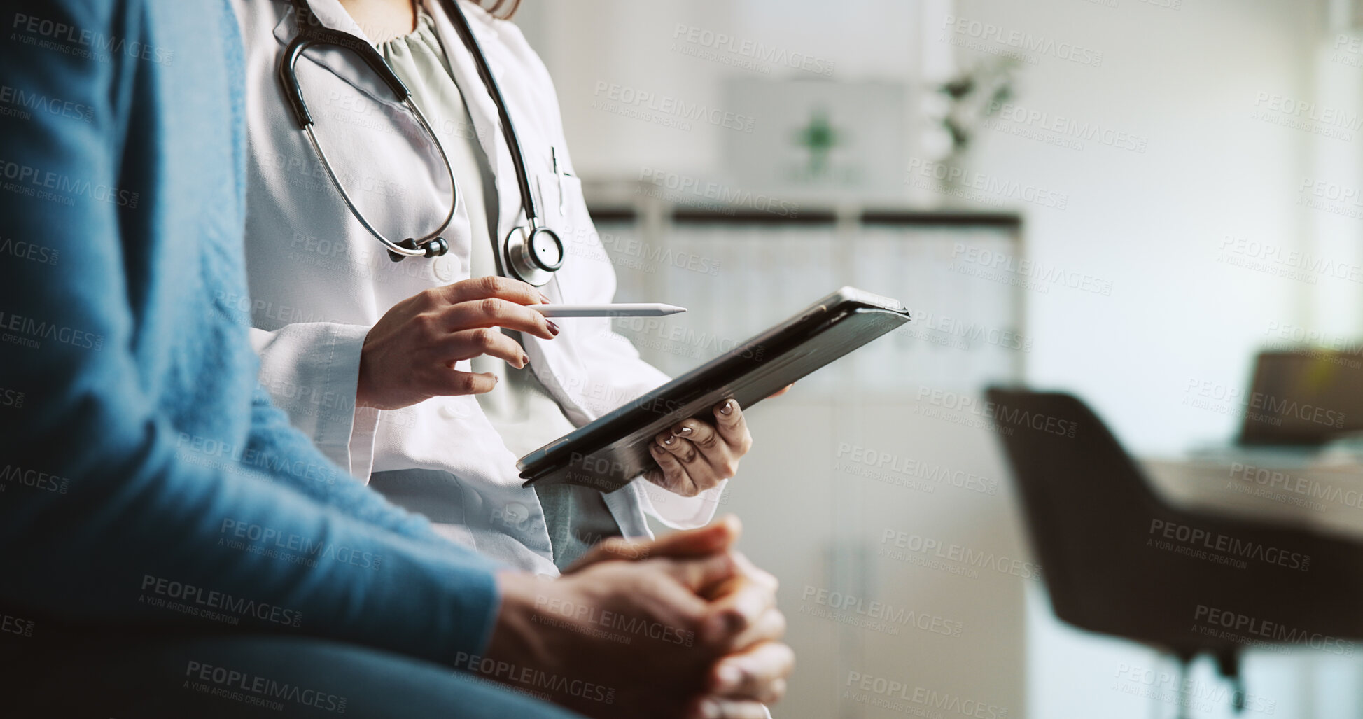 Buy stock photo Hands, doctor and patient with tablet, stylus and consultation with feedback. People, closeup and medical insurance with professional, man and tech for online report, diagnosis and explain results